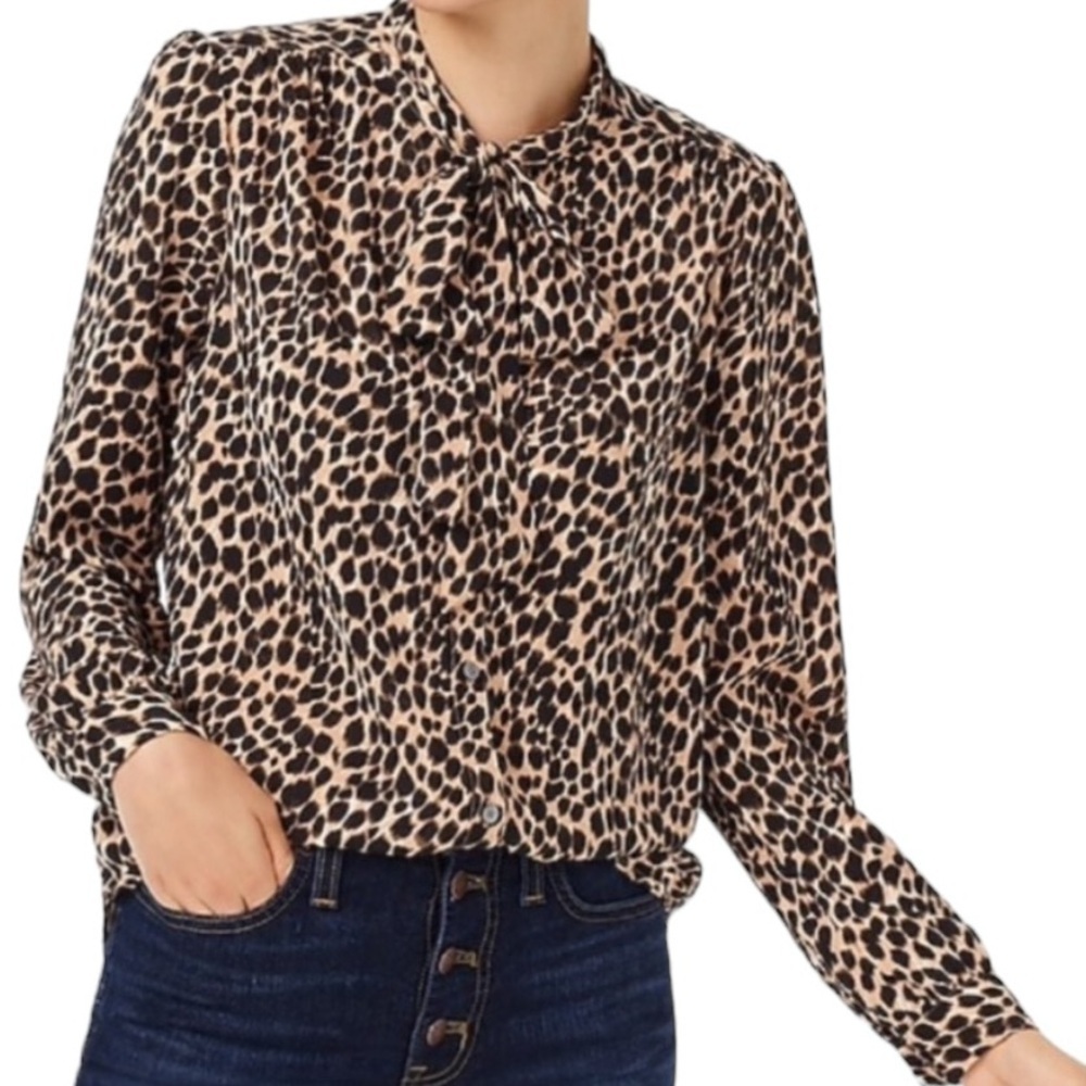 J. Crew Factory Beige and Black Leopard Print Tie-Neck Blouse